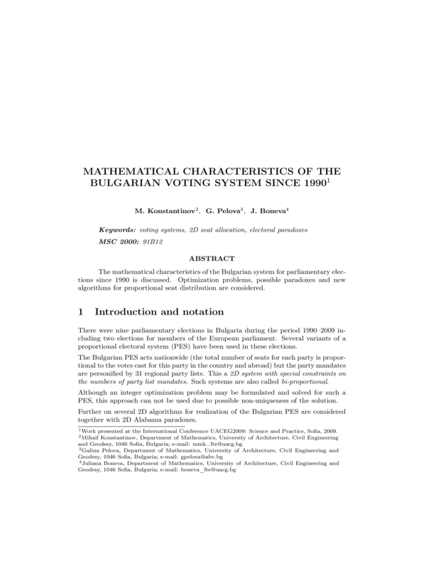 Mathematical  characteristics of  the Bulgarian voting system since 1990