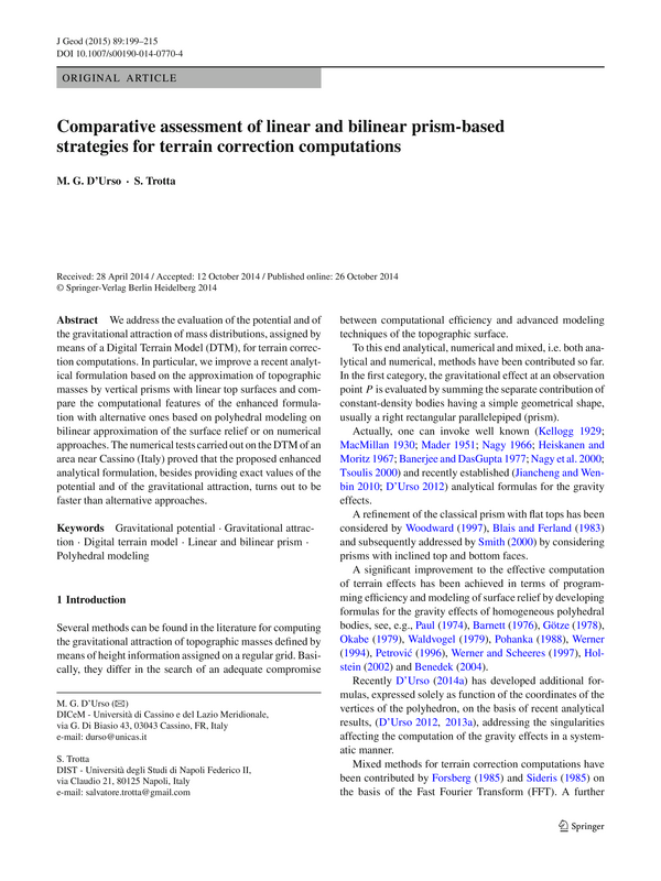 Comparative assessment of linear and bilinear prism-based strategies for terrain correction computations