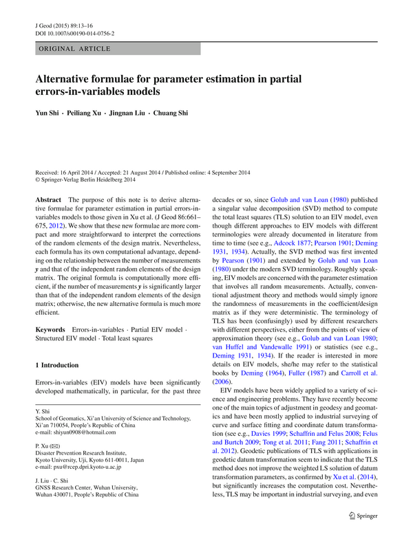 Alternative formulae for parameter estimation in partial errors-in-variables models