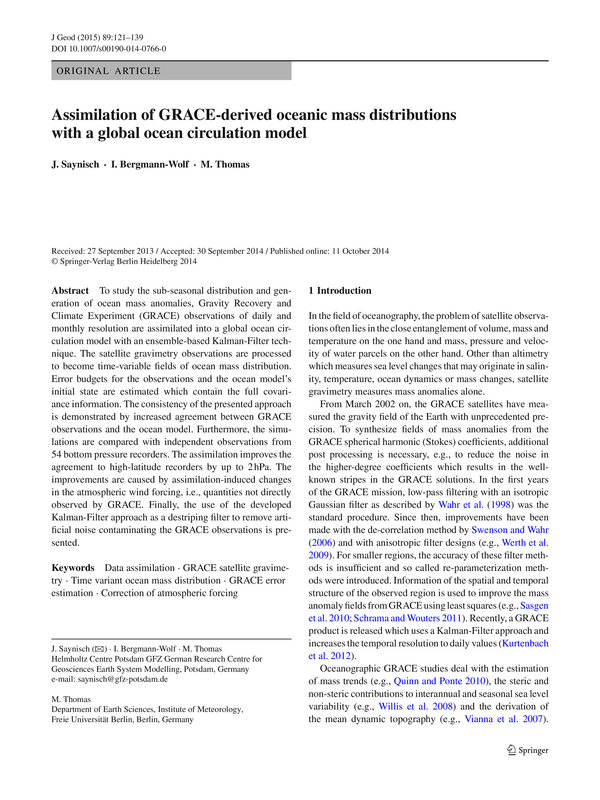 Assimilation of GRACE-derived oceanic mass distributions with a global ocean circulation model