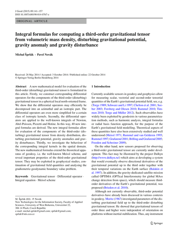 Integral formulas for computing a third-order gravitational tensor from volumetric mass density, disturbing gravitational potential, gravity anomaly and gravity disturbance