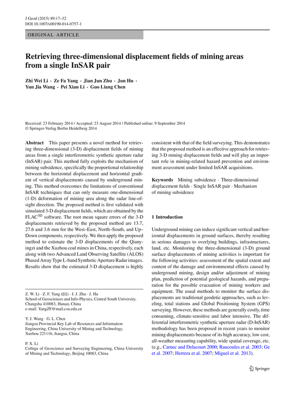 Retrieving three-dimensional displacement fields of mining areas from a single InSAR pair