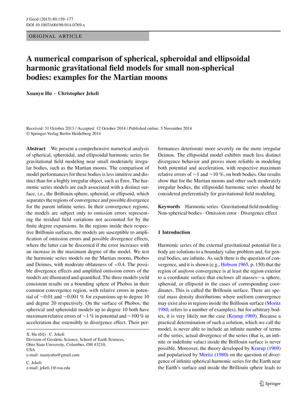 A numerical comparison of spherical, spheroidal and ellipsoidal harmonic gravitational field models for small non-spherical bodies: examples for the Martian moons