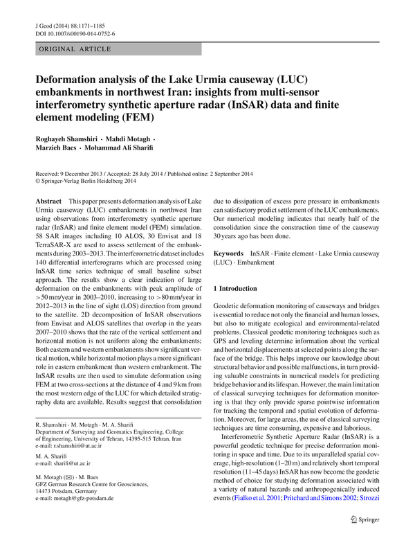 Deformation analysis of the Lake Urmia causeway (LUC) embankments in northwest Iran: insights from multi-sensor interferometry synthetic aperture radar (InSAR) data and finite element modeling (FEM)