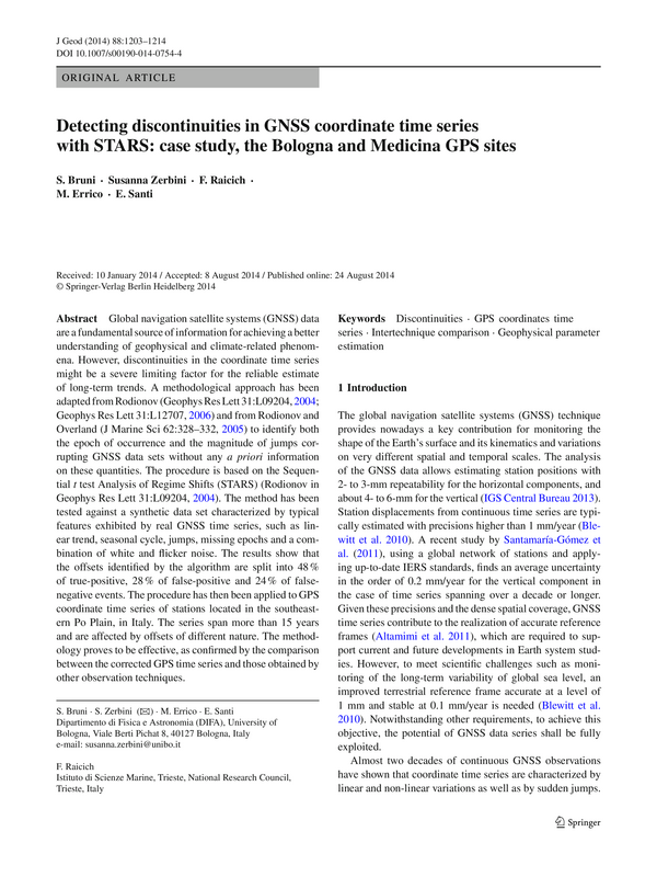 Detecting discontinuities in GNSS coordinate time series with STARS: case study, the Bologna and Medicina GPS sites