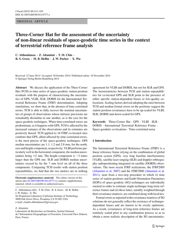 Three-Corner Hat for the assessment of the uncertainty of non-linear residuals of space-geodetic time series in the context of terrestrial reference frame analysis