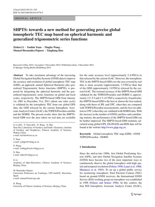 SHPTS: towards a new method for generating precise global ionospheric TEC map based on spherical harmonic and generalized trigonometric series functions