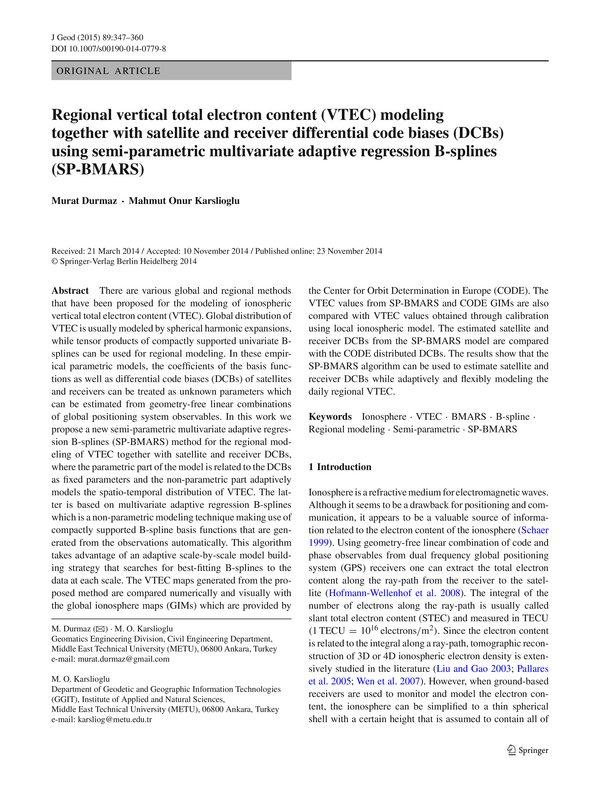 Regional vertical total electron content (VTEC) modeling together with satellite and receiver differential code biases (DCBs) using semi-parametric multivariate adaptive regression B-splines (SP-BMARS)