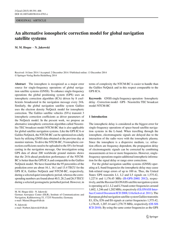 An alternative ionospheric correction model for global navigation satellite systems