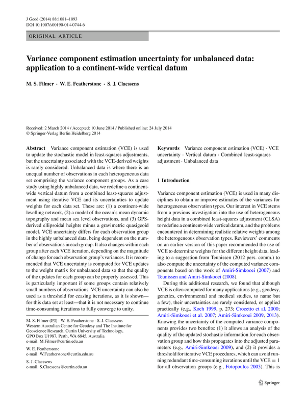 Variance component estimation uncertainty for unbalanced data: application to a continent-wide vertical datum