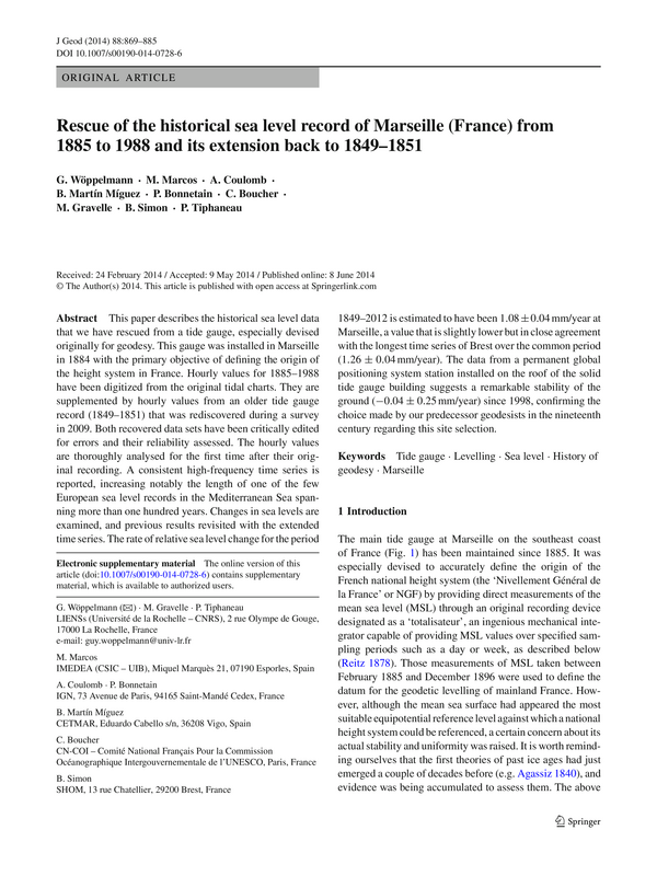 Rescue of the historical sea level record of Marseille (France) from 1885 to 1988 and its extension back to 1849–1851