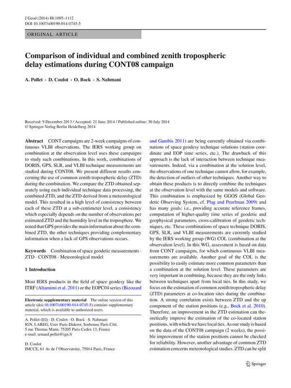 Comparison of individual and combined zenith tropospheric delay estimations during CONT08 campaign