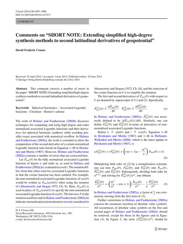 Comments on “SHORT NOTE: Extending simplified high-degree synthesis methods to second latitudinal derivatives of geopotential”