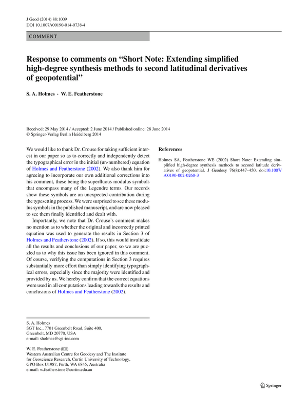 Response to comments on “Short Note: Extending simplified high-degree synthesis methods to second latitudinal derivatives of geopotential”