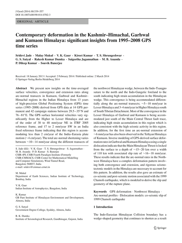 Contemporary deformation in the Kashmir–Himachal, Garhwal and Kumaon Himalaya: significant insights from 1995–2008 GPS time series