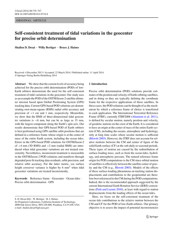 Self-consistent treatment of tidal variations in the geocenter for precise orbit determination