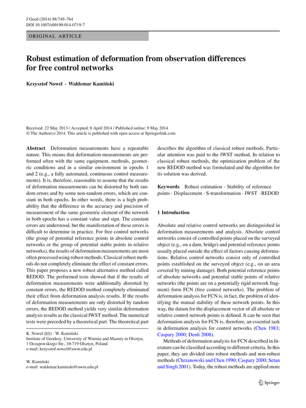 Robust estimation of deformation from observation differences for free control networks