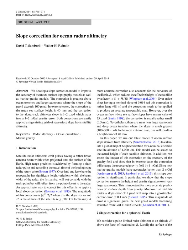 Slope correction for ocean radar altimetry