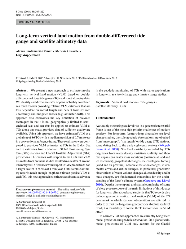 Long-term vertical land motion from double-differenced tide gauge and satellite altimetry data