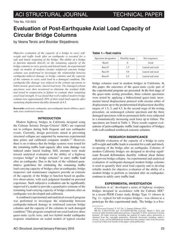 Evaluation of Post-Earthquake Axial Load Capacity of Circular Bridge Columns