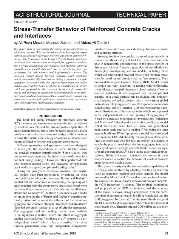 STRESS TRANSFER BEHAVIOR OF REINFORCED CONCRETE CRACKS AND INTERFACES