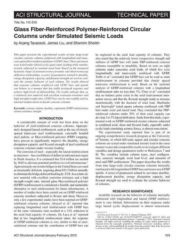 Glass Fiber-Reinforced Polymer-Reinforced Circular Columns under Simulated Seismic Loads