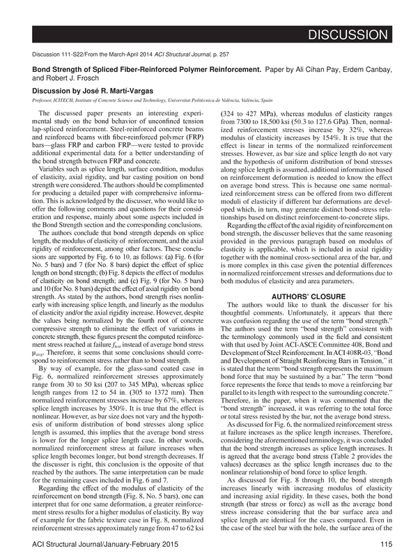 Discussion from the January/February 2015 ACI Structural Journal