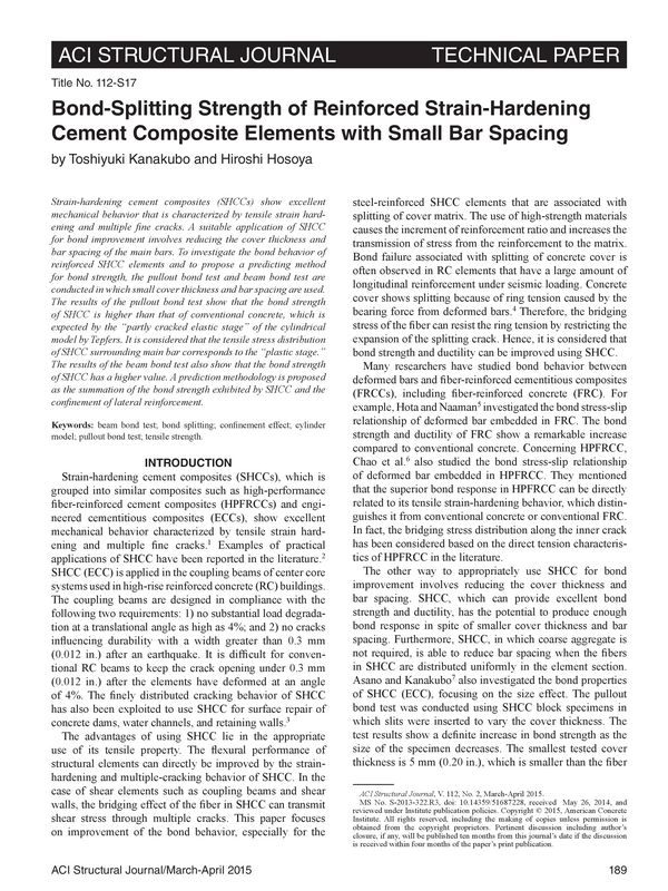 Bond-Splitting Strength of Reinforced Strain-Hardening Cement Composite Elements with Small Bar Spacing