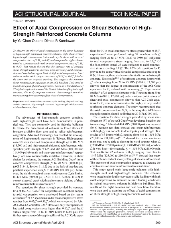 Effect of Axial Compression on Shear Behavior of High-Strength Reinforced Concrete Columns