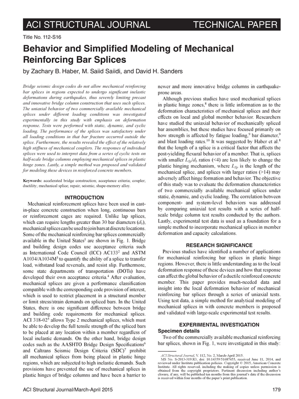 BEHAVIOR AND SIMPLIFIED MODELING OF MECHANICAL REINFORCING BAR SPLICES